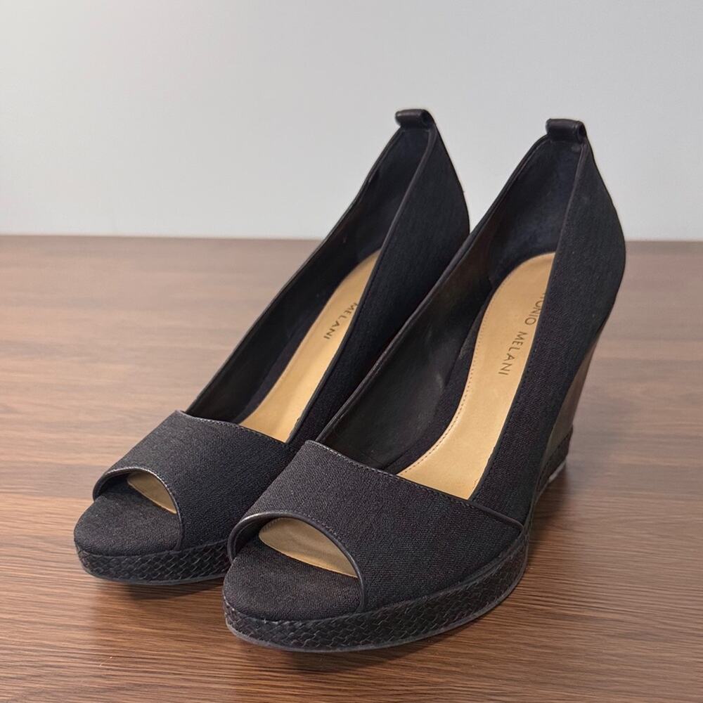 Antonio Melani Black Canvas Peep Toe Wedge Sandals Heels Size 9M